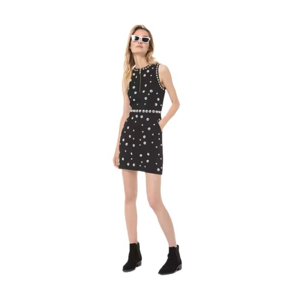 MICHAEL Michael Kors NWOT Studded High Round Neck Zip Pocket Detail Mini Dress 4 - Picture 1 of 10
